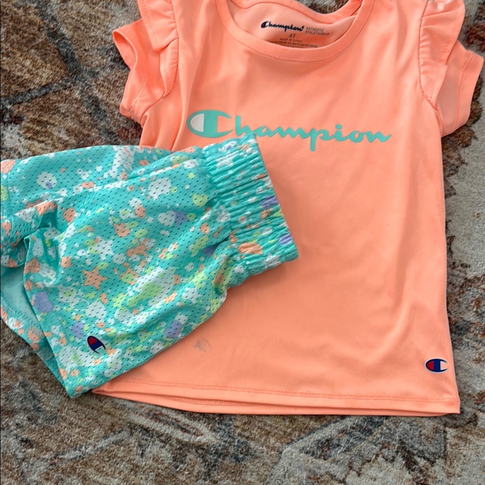 Champion Coral Top and Aqua Floral Shorts Set